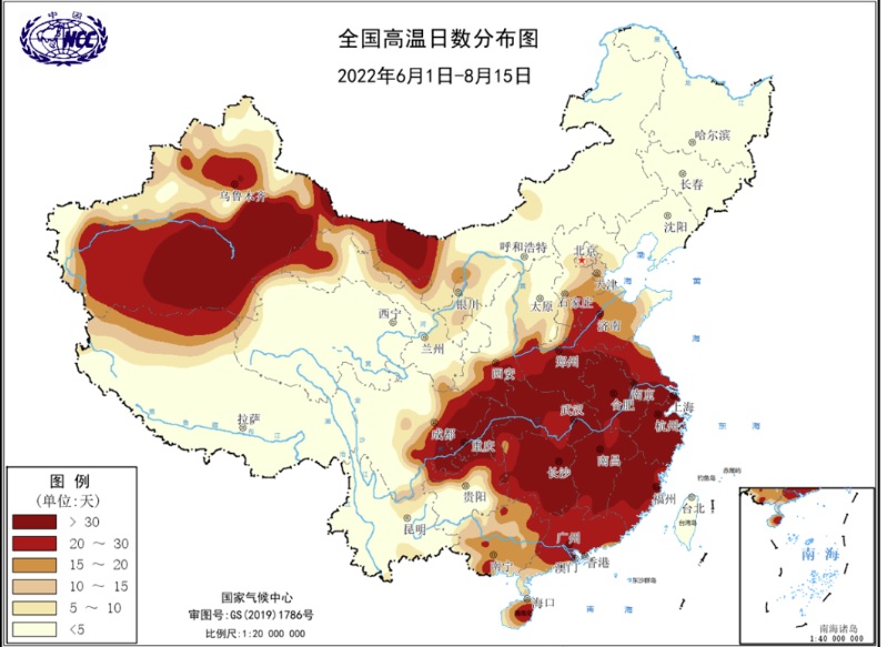 2022年6月1日至8月15日的高溫天數(shù)地圖。深紅色表示高溫天數(shù)更多。